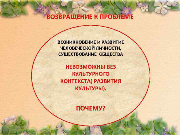 ВОЗВРАЩЕНИЕ К ПРОБЛЕМЕ ВОЗНИКНОВЕНИЕ И РАЗВИТИЕ ЧЕЛОВЕЧЕСКОЙ ЛИЧНОСТИ, СУЩЕСТВОВАНИЕ ОБЩЕСТВА НЕВОЗМОЖНЫ БЕЗ КУЛЬТУРНОГО КОНТЕКСТА(