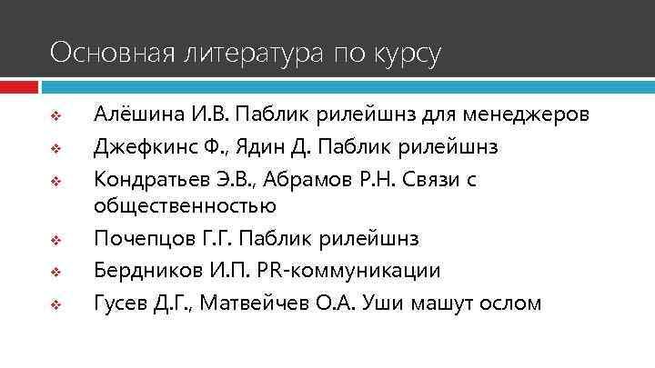 Основная литература по курсу v v v Алёшина И. В. Паблик рилейшнз для менеджеров