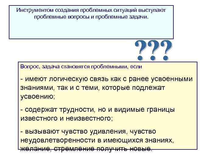 Инструментом создания проблемных ситуаций выступают проблемные вопросы и проблемные задачи. Вопрос, задача становятся проблемными,