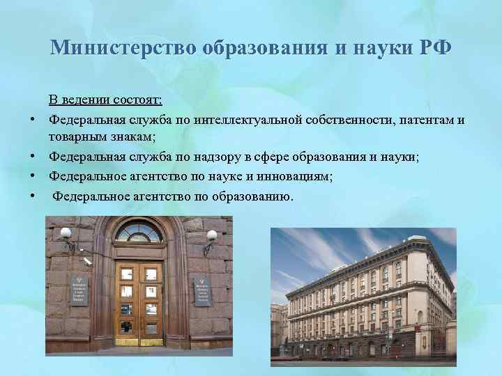 Министерство образования и науки РФ • • В ведении состоят: Федеральная служба по интеллектуальной