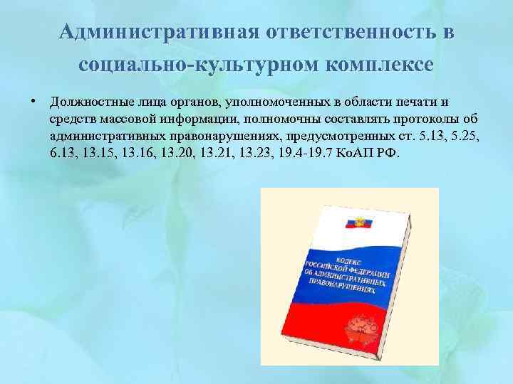 Административная ответственность в социально-культурном комплексе • Должностные лица органов, уполномоченных в области печати и