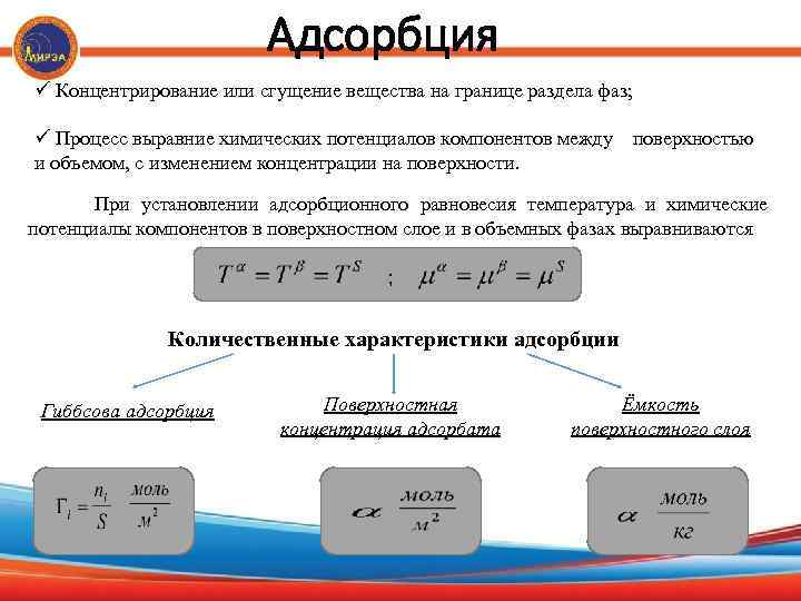 Адсорбция ü Концентрирование или сгущение вещества на границе раздела фаз; ü Процесс выравние химических