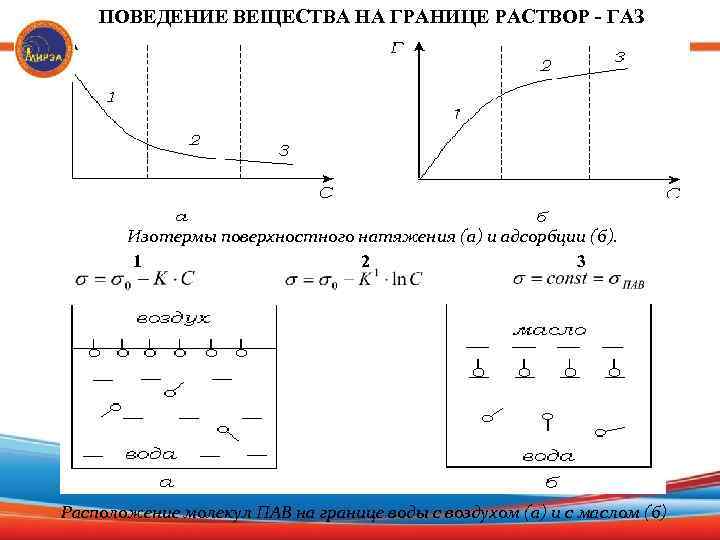 ПОВЕДЕНИЕ ВЕЩЕСТВА НА ГРАНИЦЕ РАСТВОР - ГАЗ Изотермы поверхностного натяжения (а) и адсорбции (б).