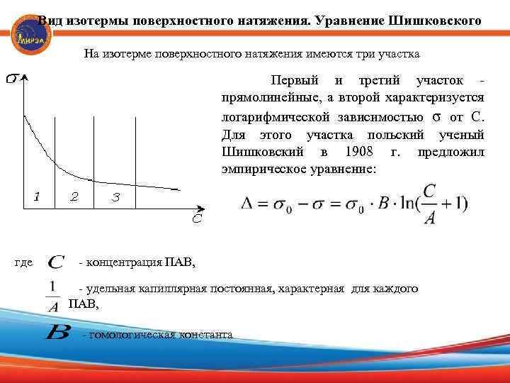 Вид изотермы поверхностного натяжения. Уравнение Шишковского На изотерме поверхностного натяжения имеются три участка Первый