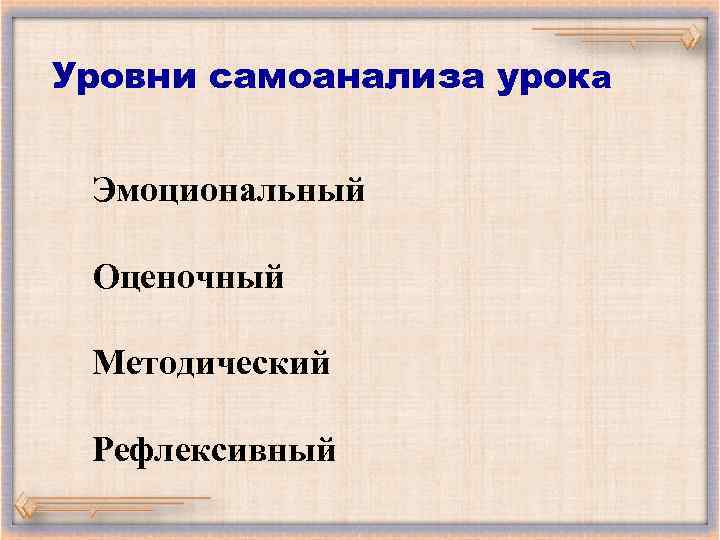 Уровни самоанализа урока Эмоциональный Оценочный Методический Рефлексивный 