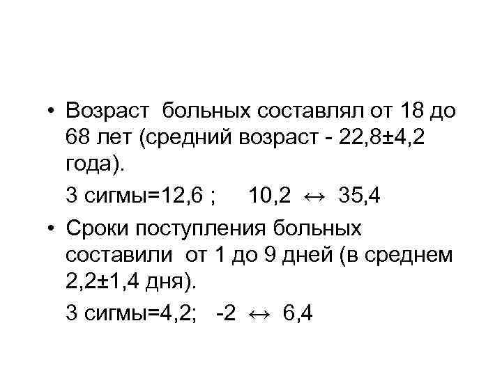  • Возраст больных составлял от 18 до 68 лет (средний возраст - 22,