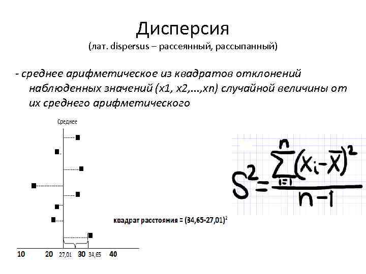 Дисперсия (лат. dispersus – рассеянный, рассыпанный) - среднее арифметическое из квадратов отклонений наблюденных значений