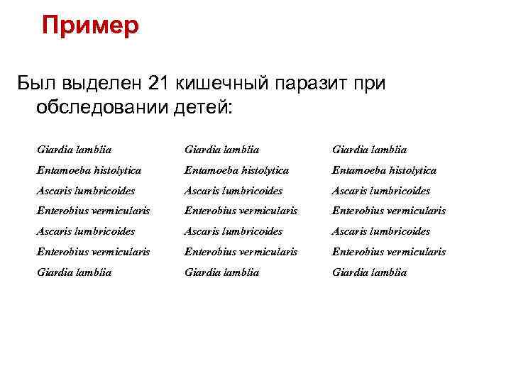 Пример Был выделен 21 кишечный паразит при обследовании детей: Giardia lamblia Entamoeba histolytica Ascaris