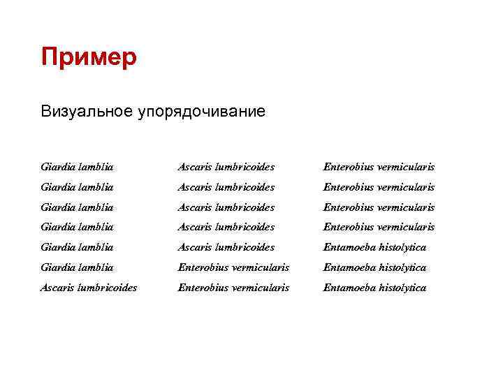 Пример Визуальное упорядочивание Giardia lamblia Ascaris lumbricoides Enterobius vermicularis Giardia lamblia Ascaris lumbricoides Entamoeba