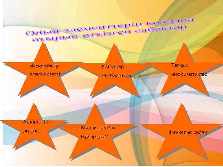 Информатика ХХІ ғасыр Тапқыр әлеміне саяхат көшбасшысы информатиктер Ақпараттық диктант Миллион кімге бұйырады? Логикалық
