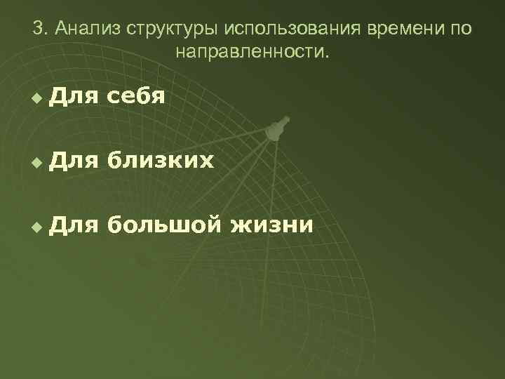 3. Анализ структуры использования времени по направленности. u Для себя u Для близких u