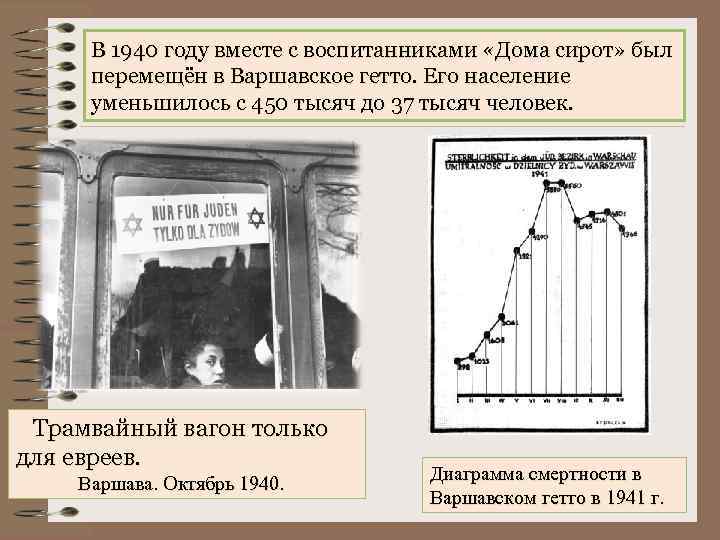 В 1940 году вместе с воспитанниками «Дома сирот» был перемещён в Варшавское гетто. Его