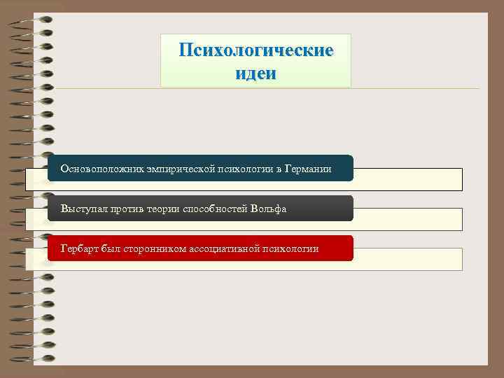 Психологические идеи Основоположник эмпирической психологии в Германии Выступал против теории способностей Вольфа Гербарт был