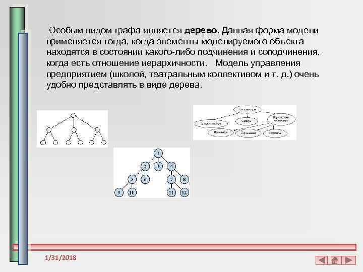 Особым видом графа является дерево. Данная форма модели применяется тогда, когда элементы моделируемого объекта