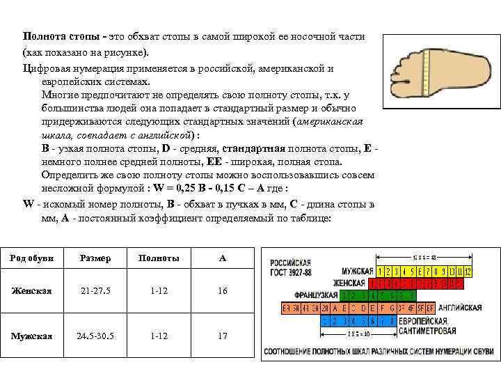 Полнота стопы - это обхват стопы в самой широкой ее носочной части (как показано