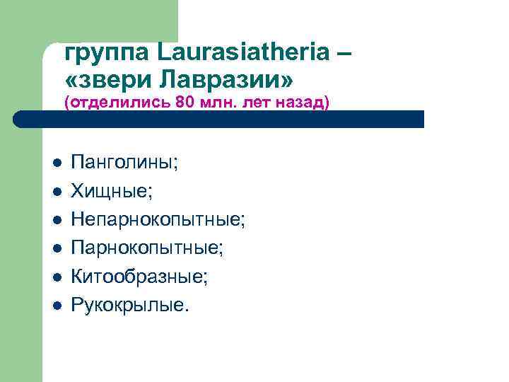 группа Laurasiatheria – «звери Лавразии» (отделились 80 млн. лет назад) l l l Панголины;