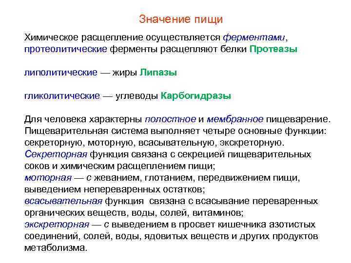 Значение пищи Химическое расщепление осуществляется ферментами, протеолитические ферменты расщепляют белки Протеазы липолитические — жиры