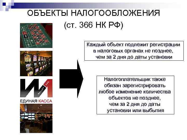 ОБЪЕКТЫ НАЛОГООБЛОЖЕНИЯ (ст. 366 НК РФ) Каждый объект подлежит регистрации в налоговых органах не