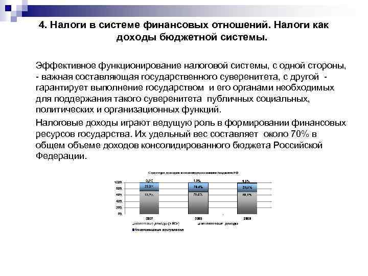 4. Налоги в системе финансовых отношений. Налоги как доходы бюджетной системы. Эффективное функционирование налоговой