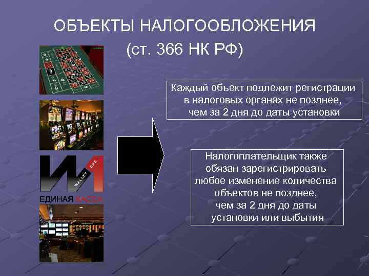 ОБЪЕКТЫ НАЛОГООБЛОЖЕНИЯ (ст. 366 НК РФ) Каждый объект подлежит регистрации в налоговых органах не