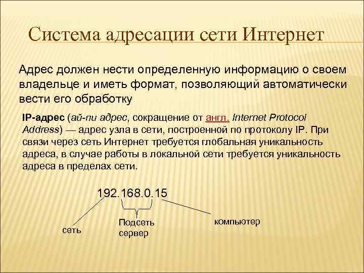 Система адресации сети Интернет Адрес должен нести определенную информацию о своем владельце и иметь