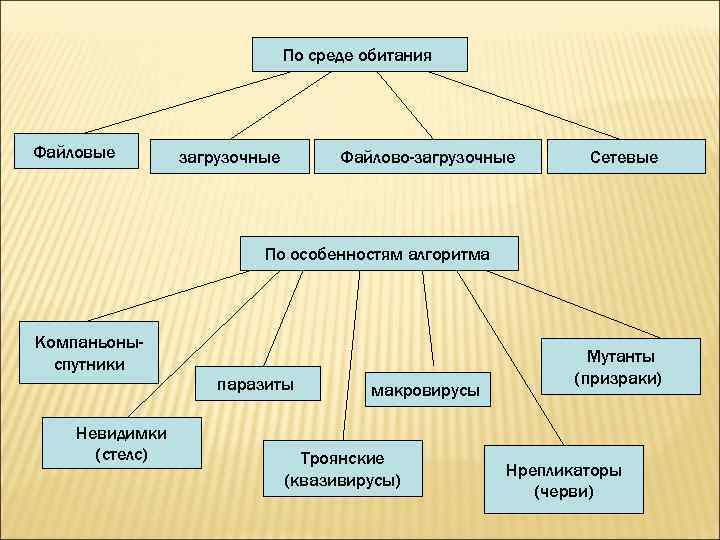 По среде обитания Файловые загрузочные Файлово-загрузочные Сетевые По особенностям алгоритма Компаньоныспутники Невидимки (стелс) паразиты