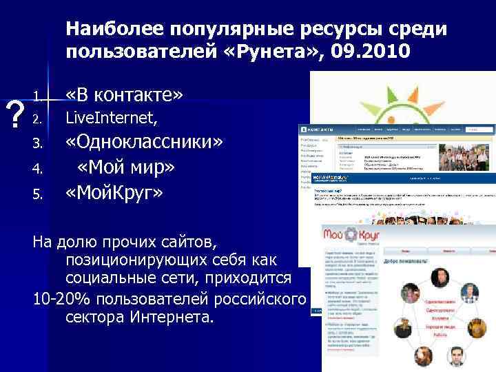 Наиболее популярные ресурсы среди пользователей «Рунета» , 09. 2010 ? 1. «В контакте» 2.