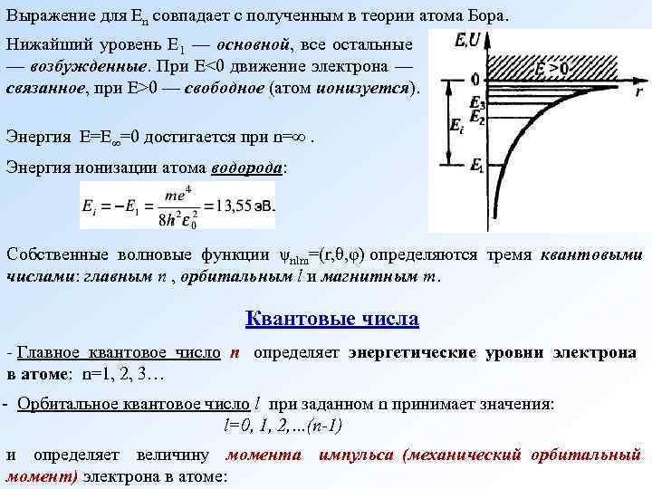 Выражение для En совпадает с полученным в теории атома Бора. Нижайший уровень E 1
