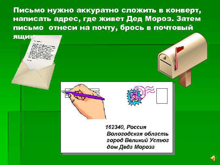 Письмо нужно аккуратно сложить в конверт, написать адрес, где живет Дед Мороз. Затем письмо