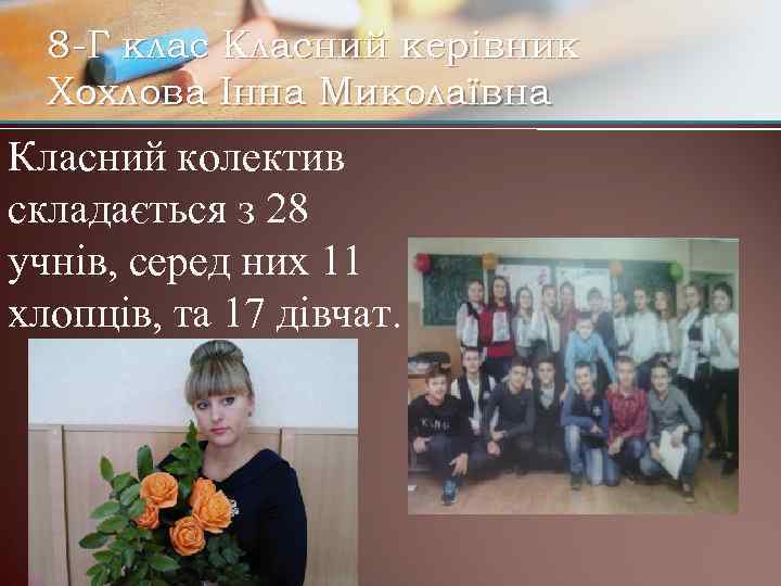 8 -Г клас Класний керівник Хохлова Інна Миколаївна Класний колектив складається з 28 учнів,