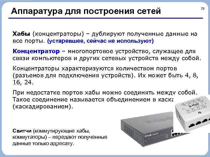 Порты устаревшее. Аппаратура для построения сетей Информатика. Концентратор или хаб компьютерные сети. Концентратор это в информатике. Характеристики концентратора.