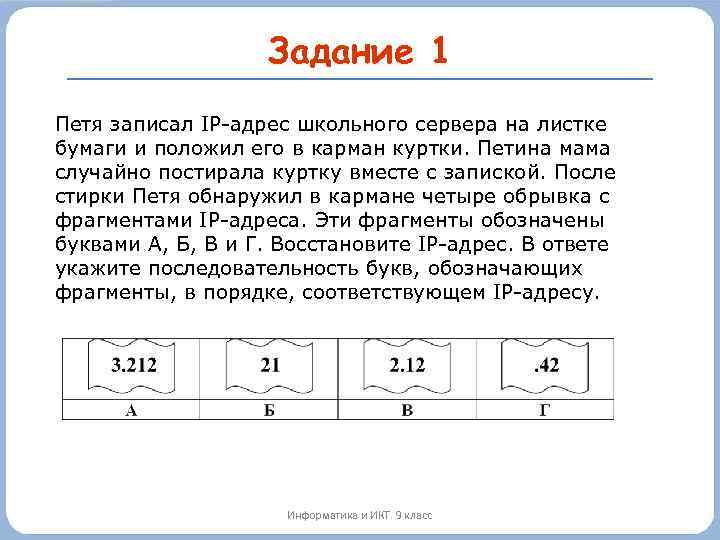 Задание 1 Петя записал IP-адрес школьного сервера на листке бумаги и положил его в