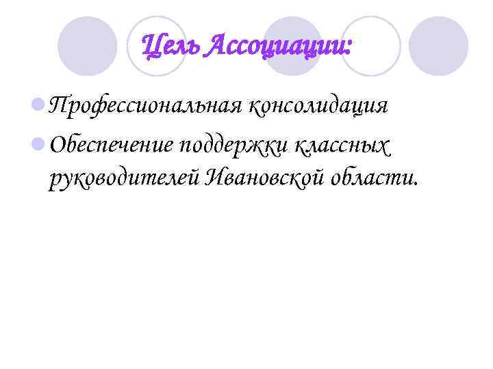 Цель Ассоциации: l Профессиональная консолидация l Обеспечение поддержки классных руководителей Ивановской области. 