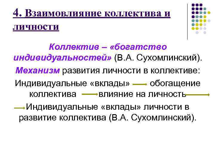 4. Взаимовлияние коллектива и личности Коллектив – «богатство индивидуальностей» (В. А. Сухомлинский). Механизм развития