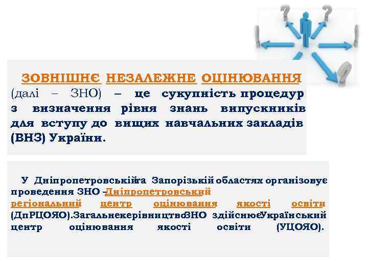 ЗОВНІШНЄ НЕЗАЛЕЖНЕ ОЦІНЮВАННЯ (далі – ЗНО) це сукупність процедур з визначення рівня знань випускників