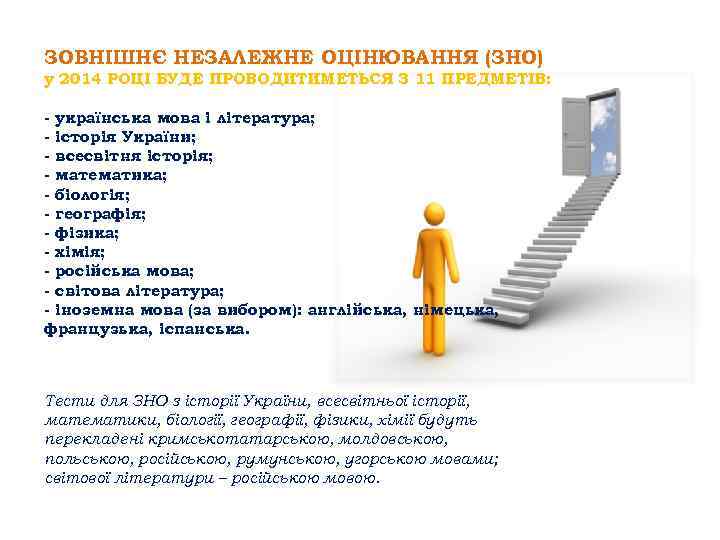ЗОВНІШНЄ НЕЗАЛЕЖНЕ ОЦІНЮВАННЯ (ЗНО) у 2014 РОЦІ БУДЕ ПРОВОДИТИМЕТЬСЯ З 11 ПРЕДМЕТІВ: - українська