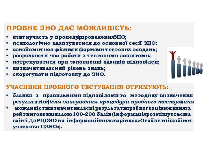 ПРОБНЕ ЗНО ДАЄ МОЖЛИВІСТЬ: • • взятиучасть у процедур і проведення ЗНО; психологічно адаптуватися