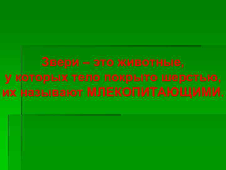 Звери – это животные, у которых тело покрыто шерстью, их называют МЛЕКОПИТАЮЩИМИ. 