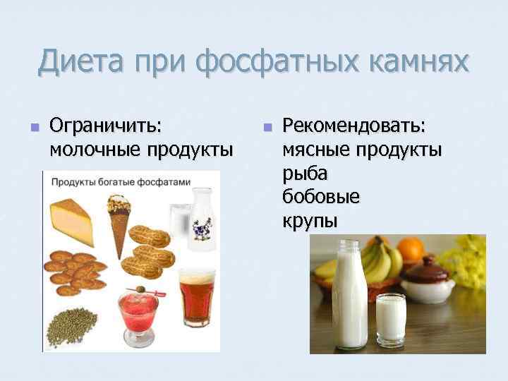 Диета при фосфатных камнях n Ограничить: молочные продукты n Рекомендовать: мясные продукты рыба бобовые