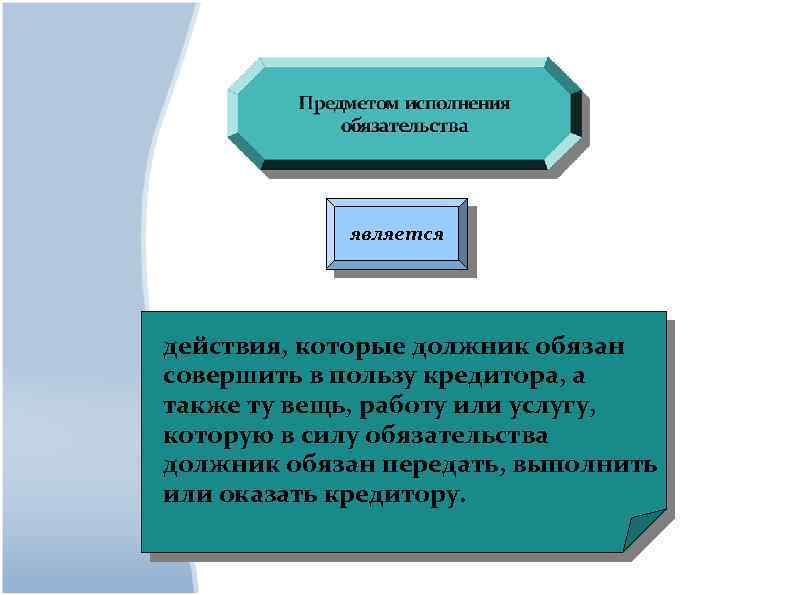 является действия, которые должник обязан совершить в пользу кредитора, а также ту вещь, работу