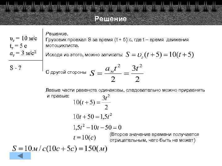 Решение υг = 10 м/с tг = 5 с aг = 3 м/с2 S-?