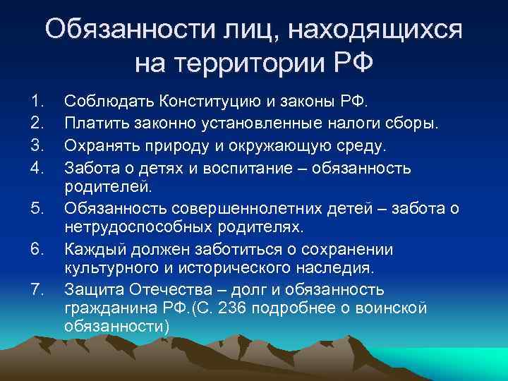 Обязанности лиц, находящихся на территории РФ 1. 2. 3. 4. 5. 6. 7. Соблюдать