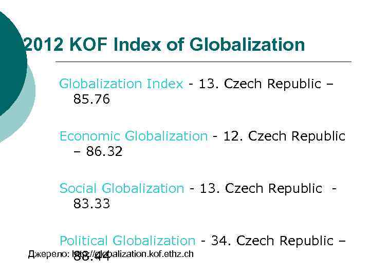 2012 KOF Index of Globalization Index - 13. Czech Republic – 85. 76 Economic