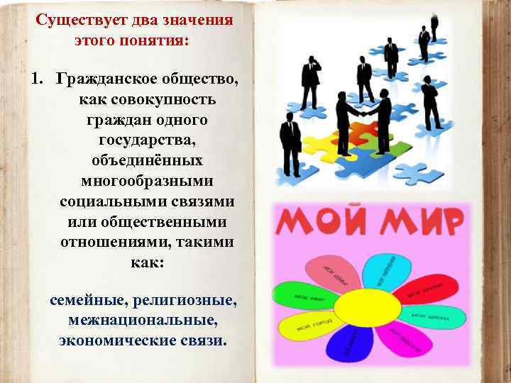 Существует два значения этого понятия: : 1. Гражданское общество, как совокупность граждан одного государства,