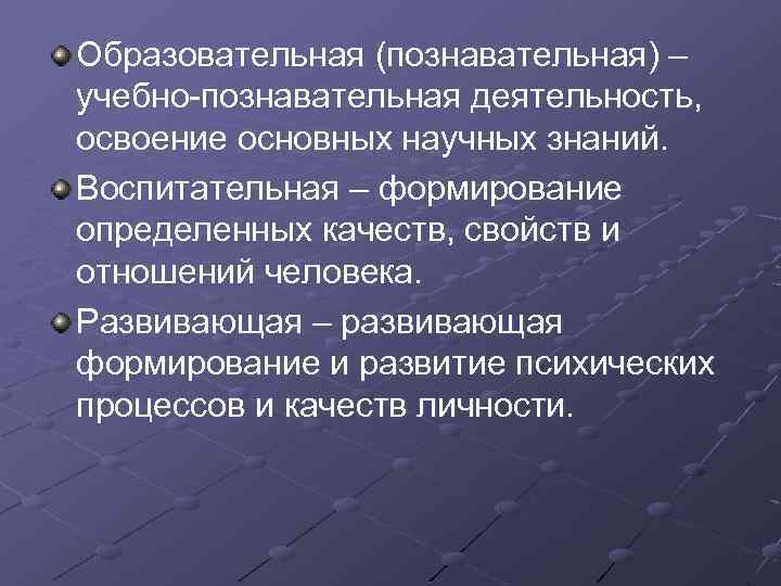 Образовательная (познавательная) – учебно-познавательная деятельность, освоение основных научных знаний. Воспитательная – формирование определенных качеств,