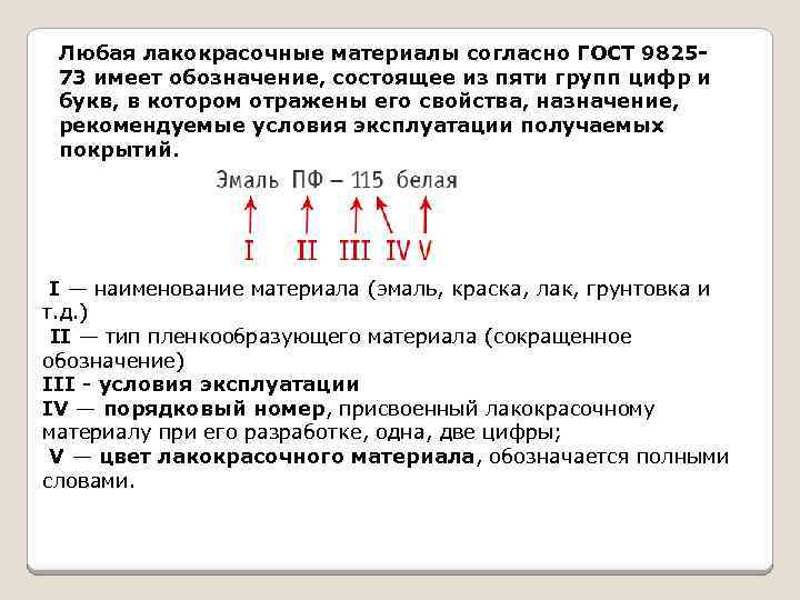 Любая лакокрасочные материалы согласно ГОСТ 982573 имеет обозначение, состоящее из пяти групп цифр и