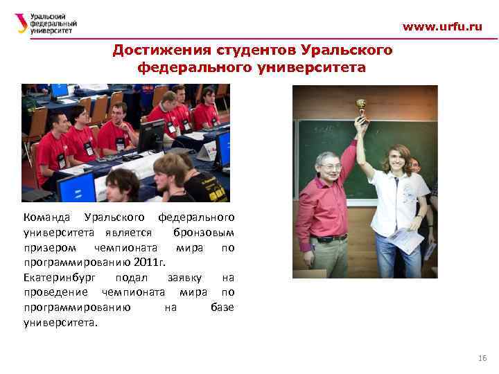 www. urfu. ru Достижения студентов Уральского федерального университета Команда Уральского федерального университета является бронзовым