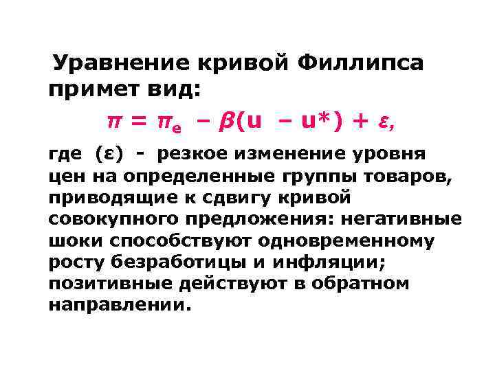  Уравнение кривой Филлипса примет вид: π = πе – β(u – u*) +