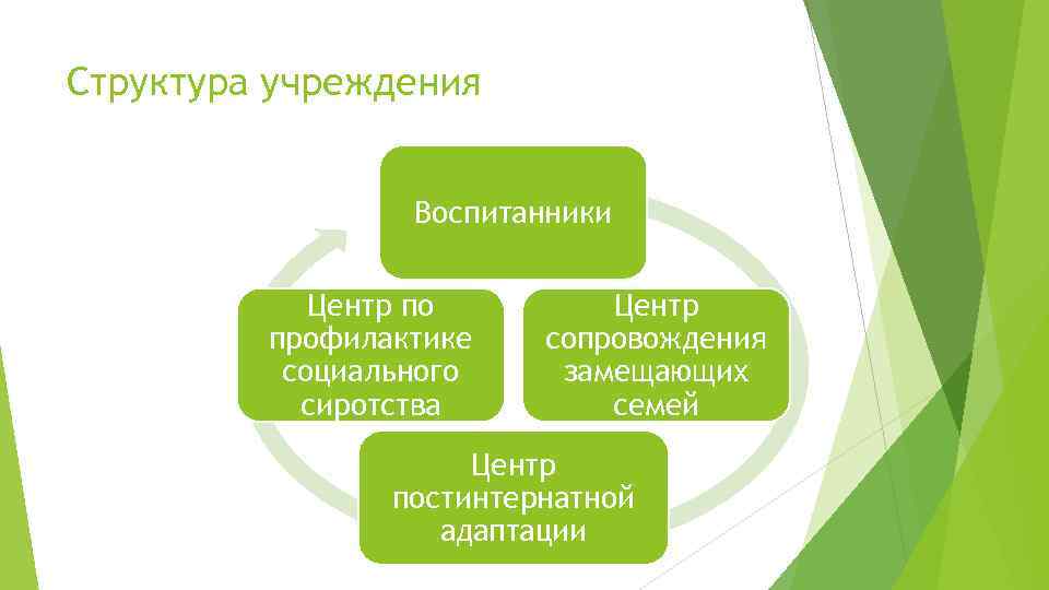 Структура учреждения Воспитанники Центр по профилактике социального сиротства Центр сопровождения замещающих семей Центр постинтернатной