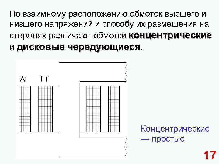 По взаимному расположению обмоток высшего и низшего напряжений и способу их размещения на стержнях